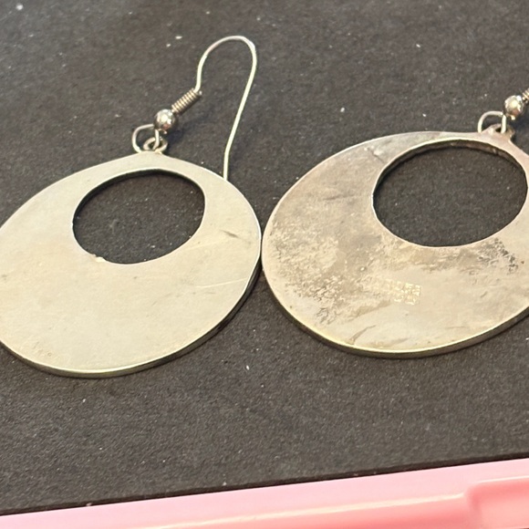 Vintage Alpaca Silver Mother Of Pearl Hoop Drop Earrings - Picture 8 of 8